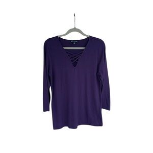 INC Purple Crisscross Neck Cotton Modal Top 3/4 Sleeve Women’s M T-Shirt